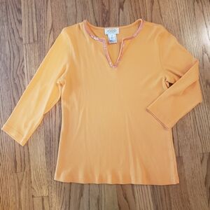 Talbots Peach-Orange Sequin-Trim Split Neck Top Size: MP